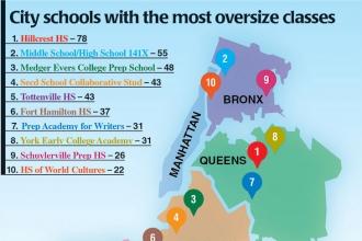 Map of the five boroughs showing the 10 schools with the most oversized classes