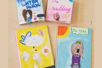 Four book covers illustrated by students reading The Water Park, The Wedding, the Bike