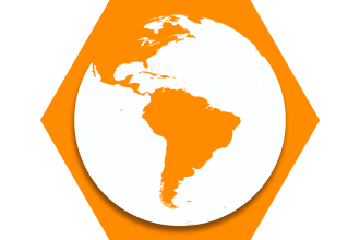Hexagon with orange background and symbol of world