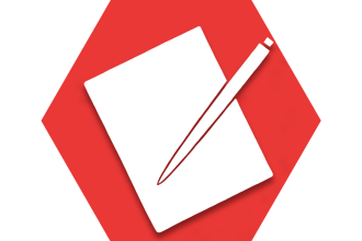 Red hexagon with symbol of paper and pen