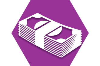 Purple hexagon with stack of dollar bills