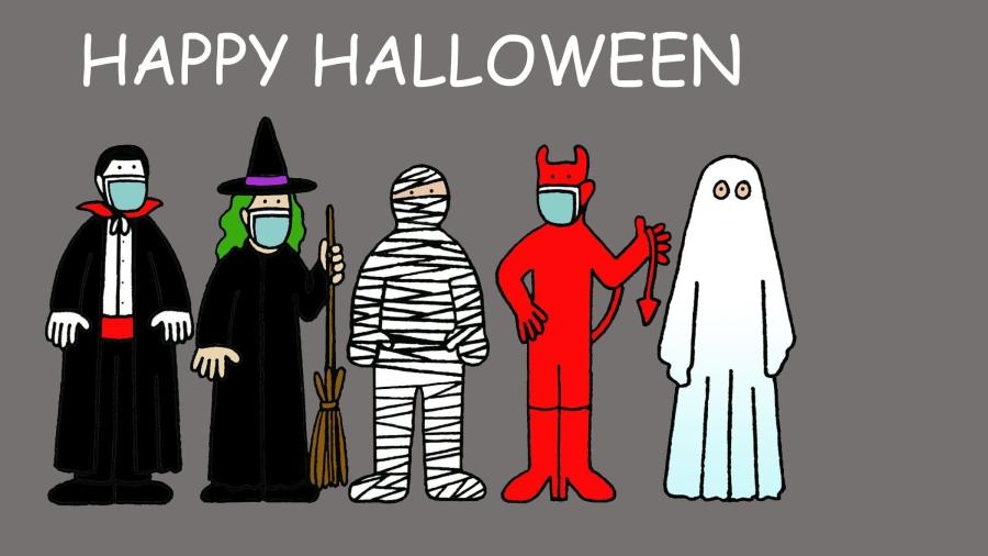 People wearing Halloween costumes and also wearing masks/face coverings. Left to right is Dracula, a witch, a mummy, a devil and a ghost. 
