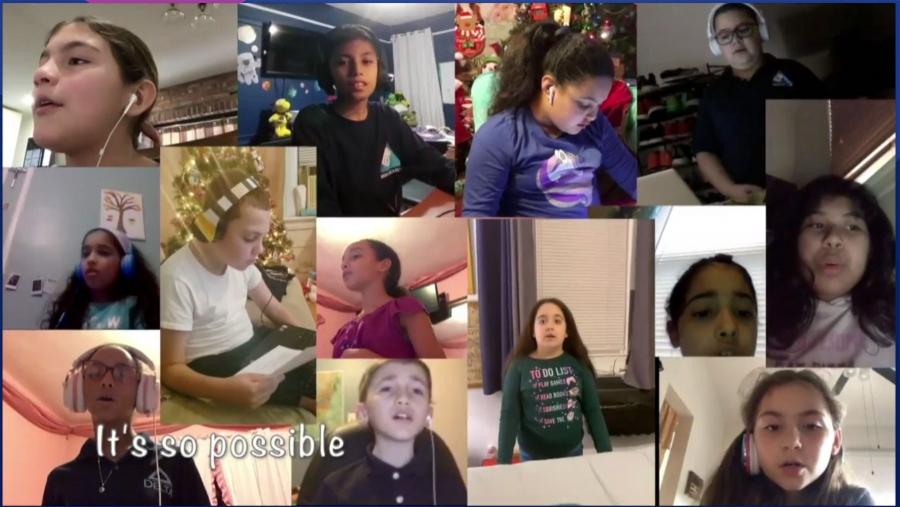 a photo collage of children singing