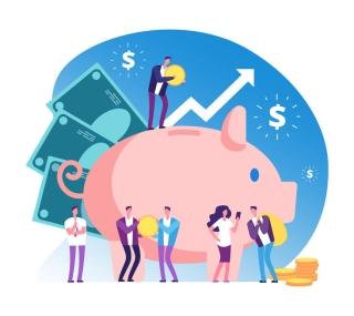 People standing in front of piggy bank with arrows up for financial growth