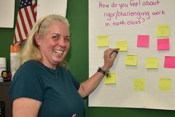 Women pointing to post it notes on a classroom board