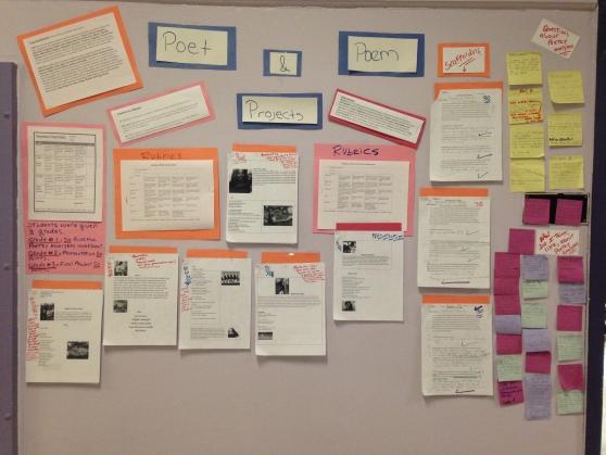 A bulletin board with poems from students 