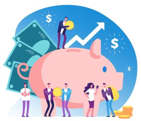 People standing in front of piggy bank with arrows up for financial growth