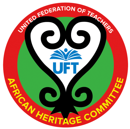 Logo with a red and green circle; text says United Federation of Teachers African Heritage Committee