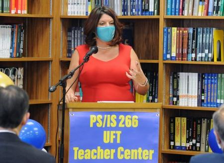 UFT Vice President Mary Vaccaro speaks at the official opening of the Teacher Center at PS/IS 266.