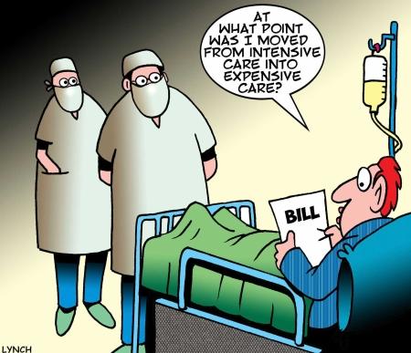 Cartoon depicting patient receiving hospital bill