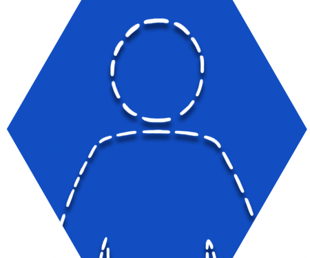 Hexagon with blue background showing outline of person