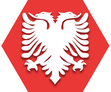 Hexagon with red background and symbol representing UFT Albanian American Heritage Committee