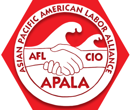 Hexagon with red background and text reading Asian Pacific American Labor Alliance