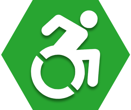 Hexagon with green background and symbol of person in wheelchair to represent UFT Capably Disabled Committee