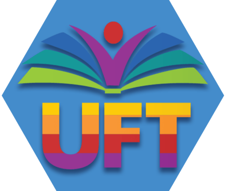 Blue hexagon with UFT symbol in rainbow colors representing UFT Pride Committee