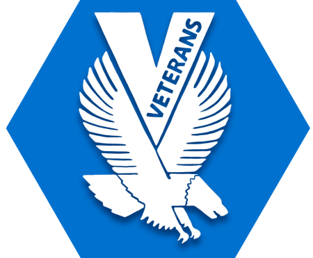 Blue hexagon with symbol of flying eagle and V with text "veterans" inside it