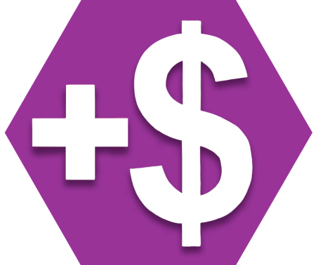 Purple hexagon showing a plus sign and dollar sign