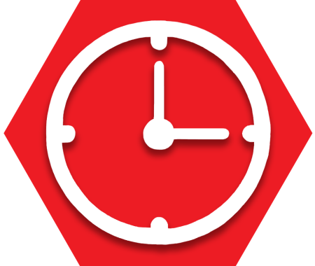 Red hexagon with outline of clock