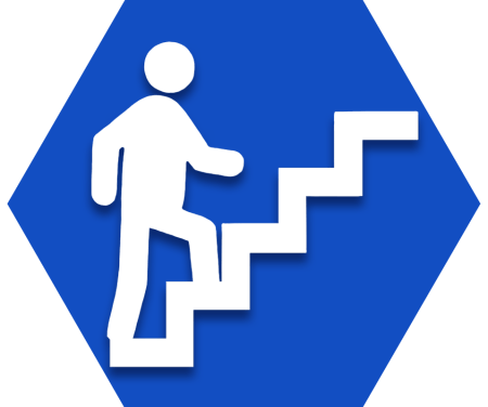 Blue hexagon showing outline of person walking up steps