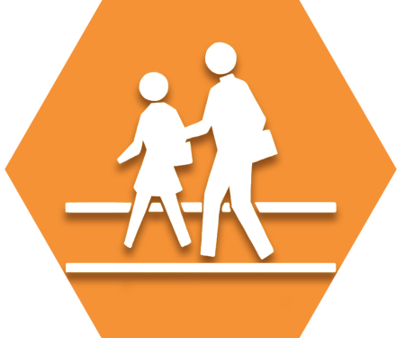 Orange hexagon with adult and child walking