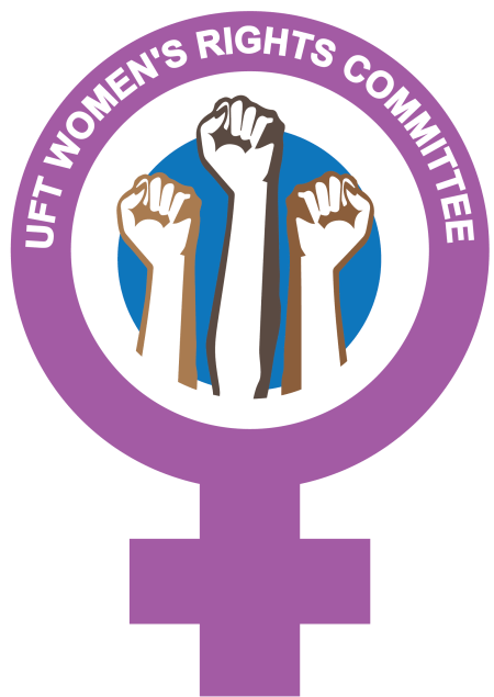 Three fists representing multicultural women up in the air with a purple band around it and a cross beneath the band