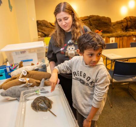 Teacher Jessica Smalley watches as one of her students prepares to pet a horseshoe crab using two fingers.