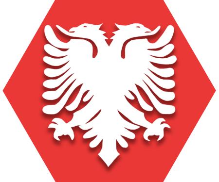 Hexagon with red background and symbol representing UFT Albanian American Heritage Committee