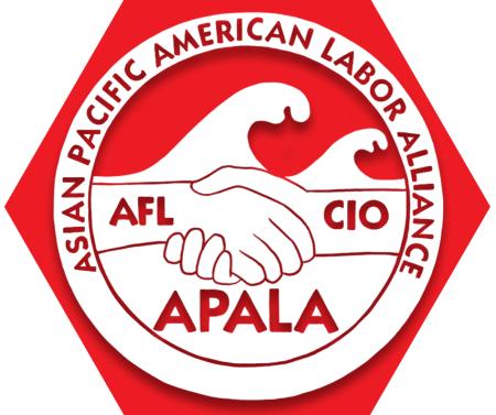 Hexagon with red background and text reading Asian Pacific American Labor Alliance