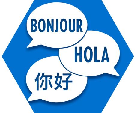 Hexagon with blue background and speech bubbles with text in different languages