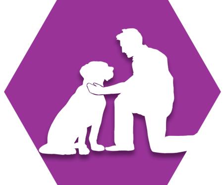 Hexagon with purple background and symbol of adult petting dog