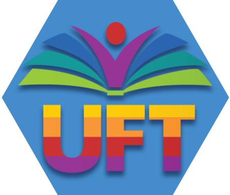 Blue hexagon with UFT symbol in rainbow colors representing UFT Pride Committee