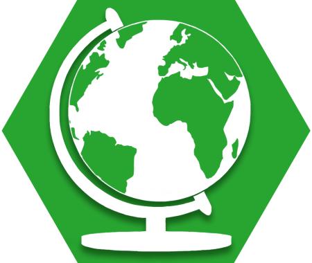 Green hexagon with outline of globe