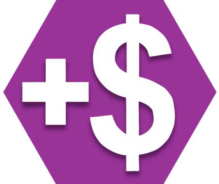 Purple hexagon showing a plus sign and dollar sign