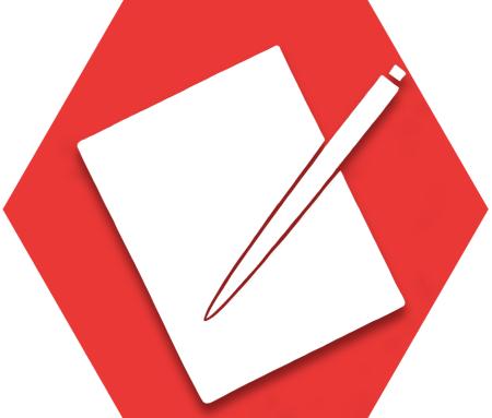 Red hexagon with symbol of paper and pen