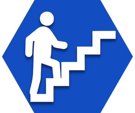 Blue hexagon showing outline of person walking up steps