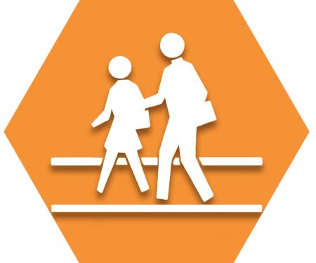 Orange hexagon with adult and child walking