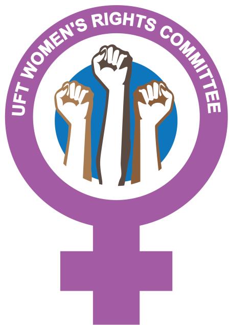Three fists representing multicultural women up in the air with a purple band around it and a cross beneath the band