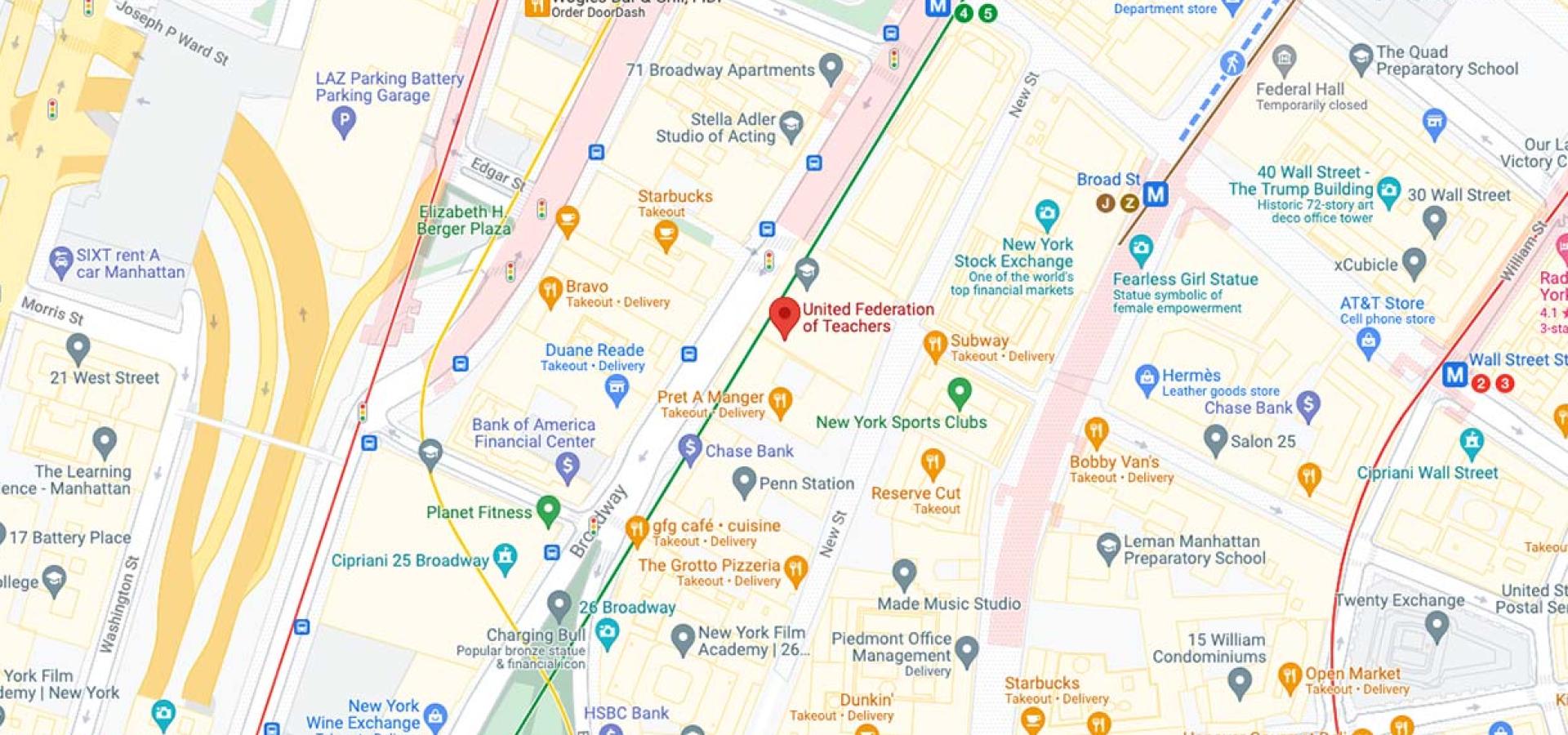 Map of lower Manhattan and UFT Headquarters