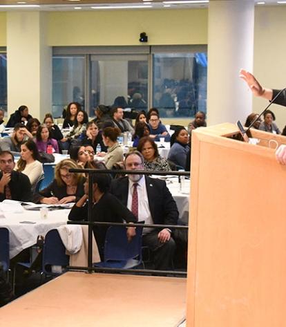 UFT President Michael Mulgrew addresses the social workers and psychologists.