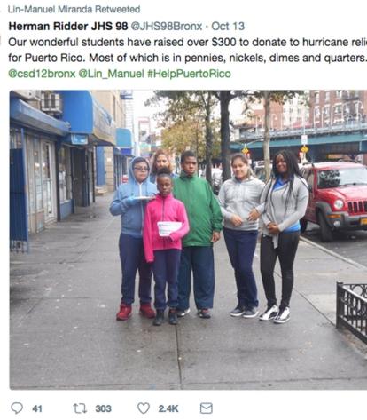 Lin-Manuel Miranda, the award-winning playwright and actor, retweeted teacher Ma