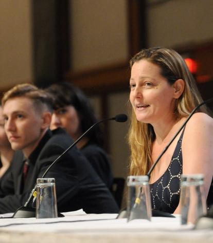 Kate Ottaviani of Flushing HS makes a point about the School Renewal Program.