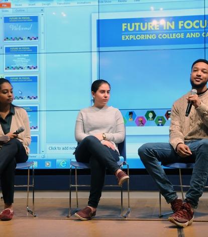 College students (from left) Andrea Sanichar, Michal Yefet and Jonathan Williams