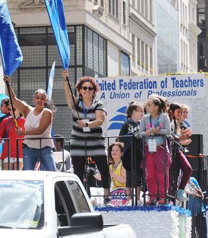 The UFT float heads up Fifth Avenue.