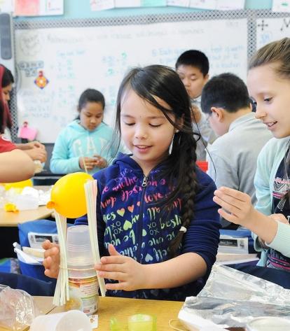 Fourth-grade students at PS 748 in Brooklyn experiment with building a "life ves