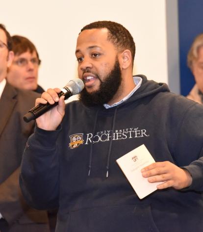 Marquis Harrison of Frederick Douglass Academy in Manhattan makes a point.