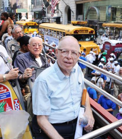Leo Hoenig, a UFT founder, takes his spot on the bus.