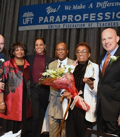 Melba Perry (second from right), the treasurer of the UFT Paraprofessional Chapt