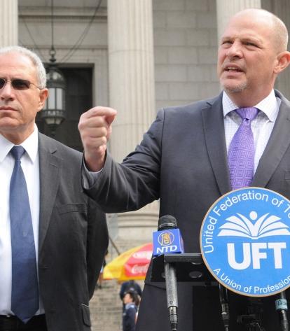 UFT President Michael Mulgrew (right) and NYSUT President Andy Pallotta discuss 