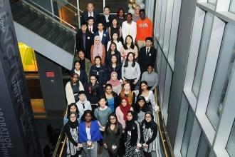 Brooklyn  winners fill the staircase  joined by President Michael Mulgrew (top, 