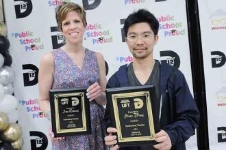 Teacher honorees Lisa Gilbride, from PS 300 and Huan Wang, from IS 190, with the